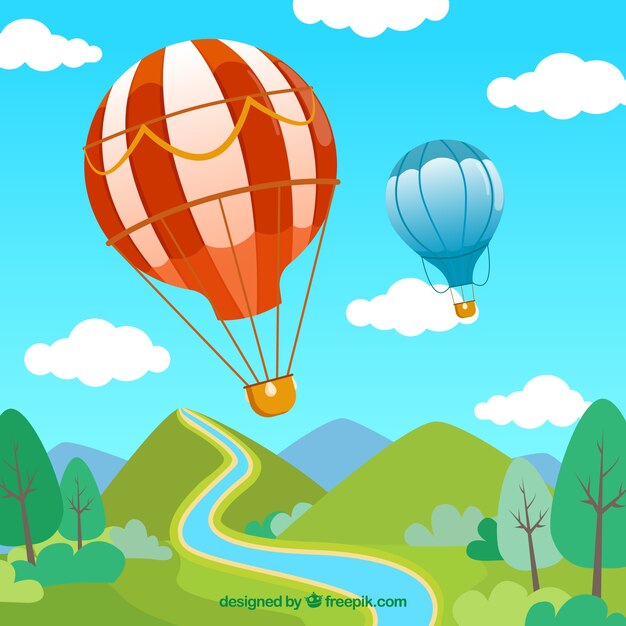 Hot air balloons background with sky in hand drawn style