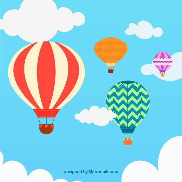 Hot air balloons background with sky in hand drawn style