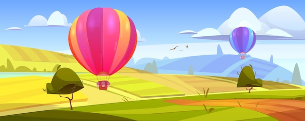 Hot air balloons fly over green fields