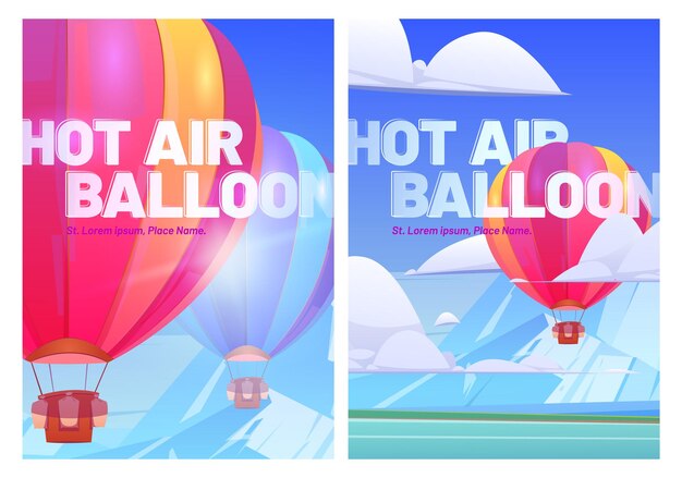 Hot air balloons fly above mountain valley with lake, posters of travel.