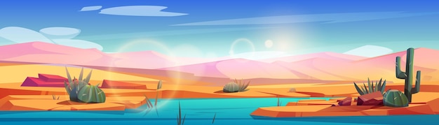 Free vector hot desert landscape with oasis and sand dunes