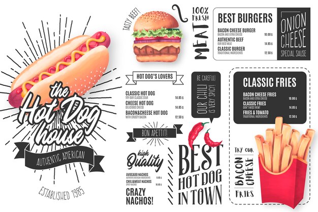 Hot Dog Restaurant Menu Template with Illustrations