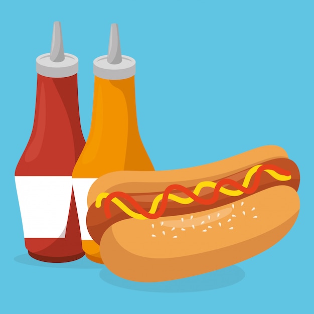 Free vector hot dog with sauces bottles fast food