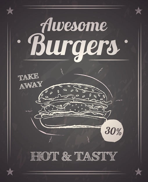 Hot and tasty burger in rays with discount monochrome hand drawn poster on black chalkboard