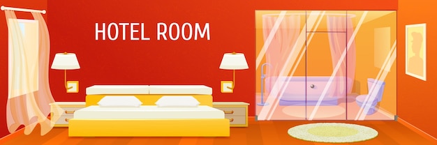 Free Vector hotel apartment interior banner with spacious comfortable bedroom and stylish bathroom