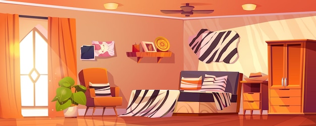 Hotel bedroom interior cartoon background vector Zebra print blanket on bed furniture and wall decor home illustration 2d clean apartment with window armchair nightstand and wooden cupboard