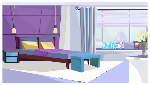 Hotel room with bed in purple color illustration