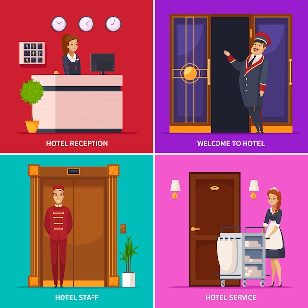 Hotel service concept set of square icons with doorman receptionist chambermaid bellboy cartoon characters