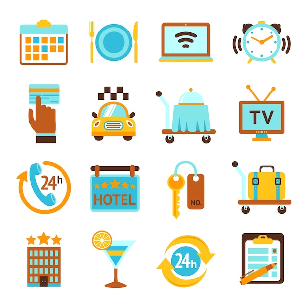 Hotel travel 24h room service flat icons set with breakfast bell and mobile tv isolated vector illustration