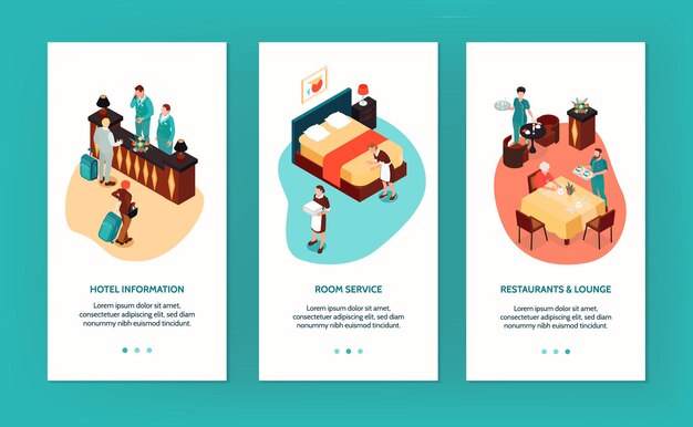 Hotel vertical banners with reception room service restaurant and lounge isometric compositions isolated