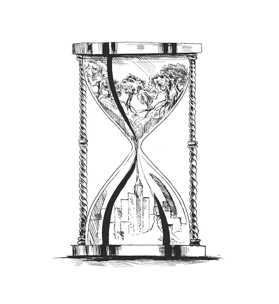 Hourglass Ecology Concept City landscape Environmental pollution and environment protection