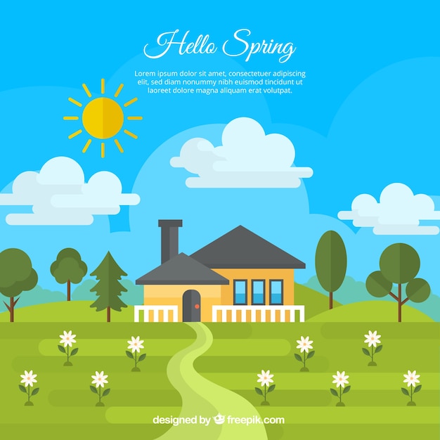 Free Vector house background on a green meadow with flowers