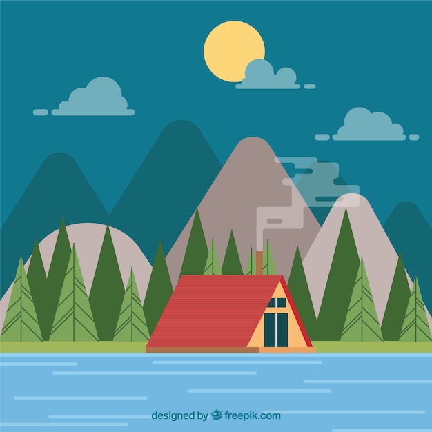 Free Vector house background in a nice landscape in flat design