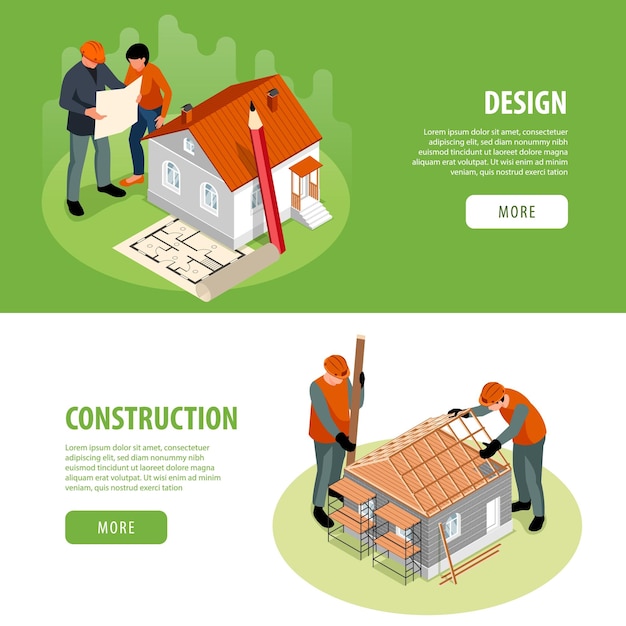 Free Vector house construction horizontal banners set with design symbols isometric isolated vector illustration