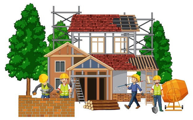 Free Vector house construction site with cartoon workers