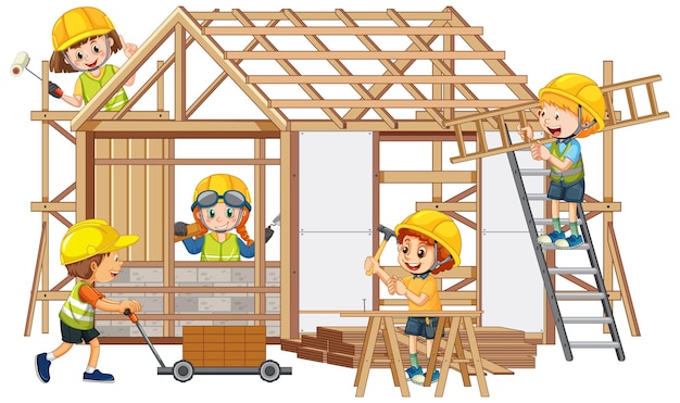 Free Vector house construction site with cartoon workers