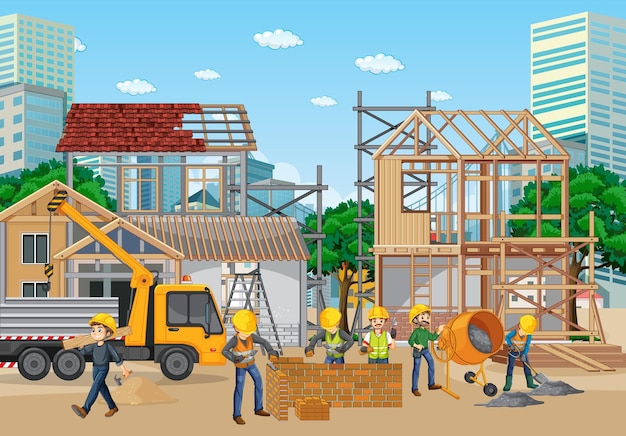 House construction site with workers