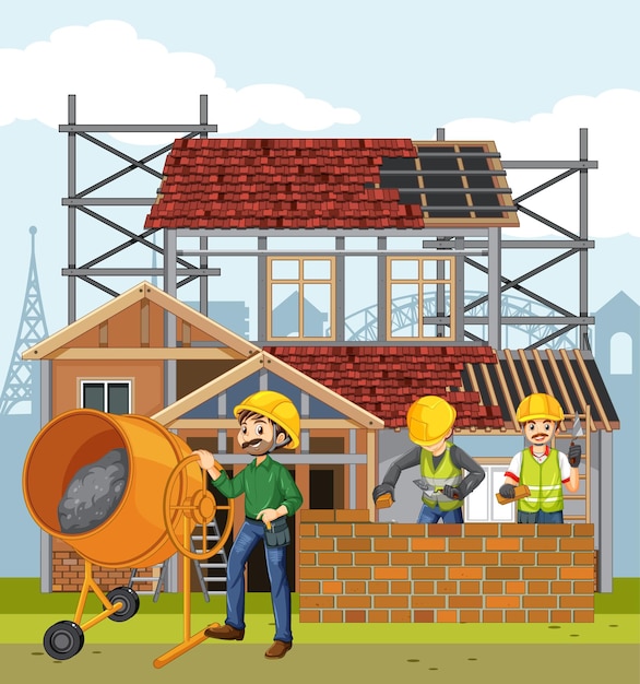 Free Vector house construction site with workers