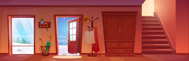 Free Vector house hallway interior with open door winter view