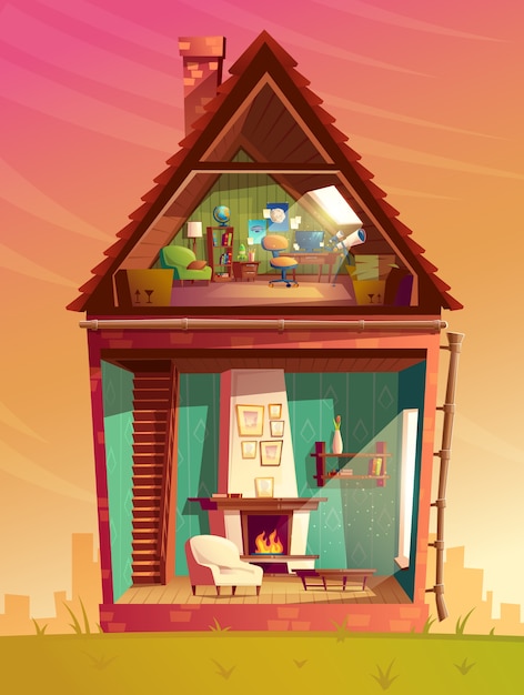 Free Vector house interior cross section, cartoon children playroom at attic with furniture