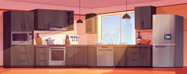 House kitchen room interior vector cartoon illustration Fridge cupboard sink and oven inside modern apartment Modular desk with microwave and dishes storage Sunlight from window indoor home