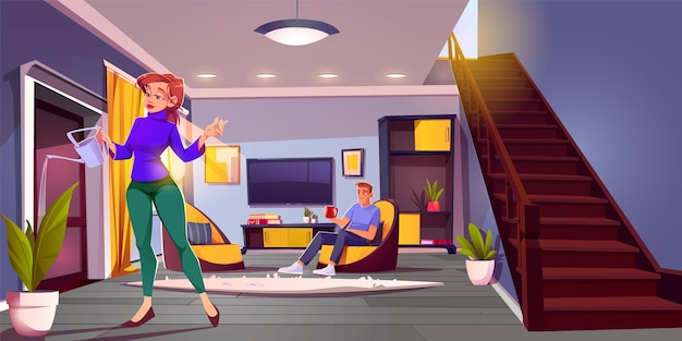 Free vector house living room interior with stairs and couple cartoon vector background livingroom furniture inside and woman water plant with funnel man sitting on yellow armchair modern apartment illustration