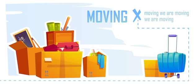 Free Vector house moving banner with illustration of cardboard boxes and suitcase. cartoon background with carton package for home things, tools, bags and stuff. concept of relocation, apartment change