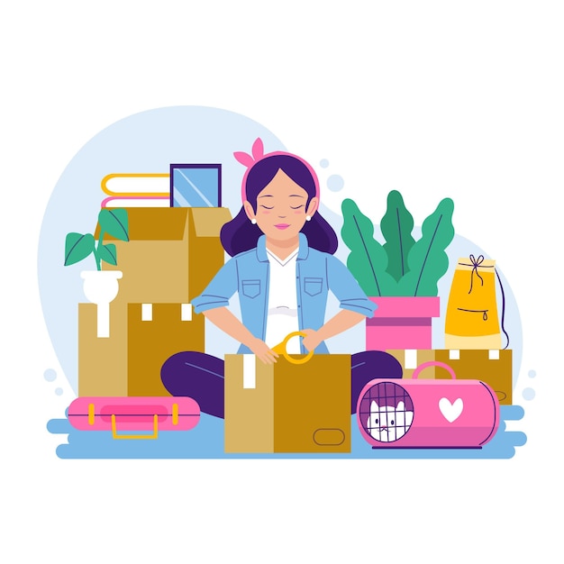 House moving and woman making packages