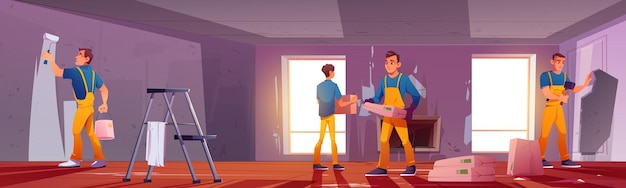 House renovation repair works Workers team paint wall in living room Vector cartoon illustration of professional builders with painting roller hammer ladder and putty renovating home