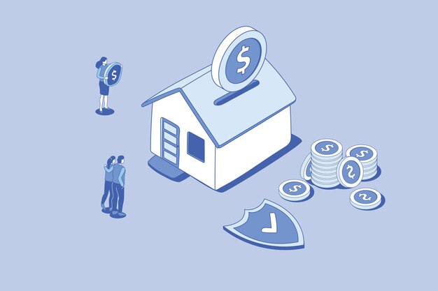 House savings investment concept with people and money save with outline isometric style