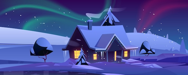 Free Vector house with christmas decoration at night in winter landscape