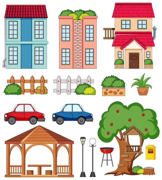 Free Vector a house with outdoor decoration set