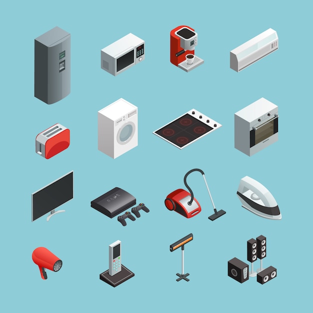 Household appliances isometric icons set 