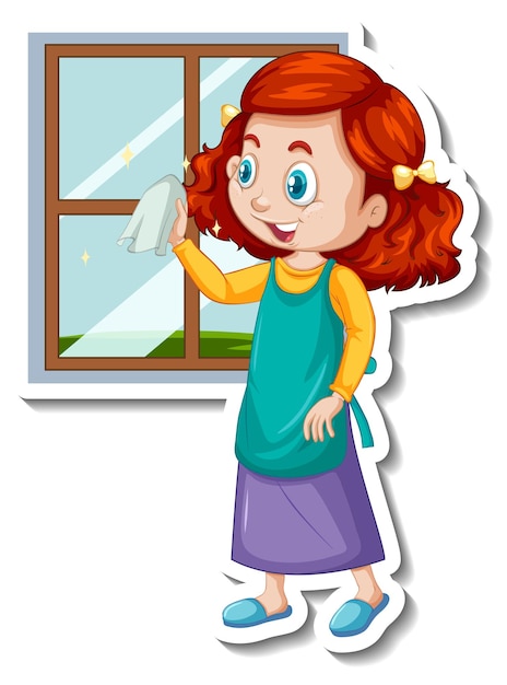 Housekeeper girl cleaning window cartoon character sticker