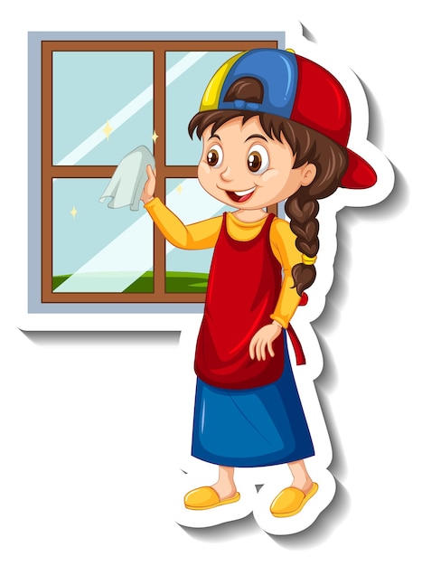 Housekeeper girl cleaning window cartoon character sticker