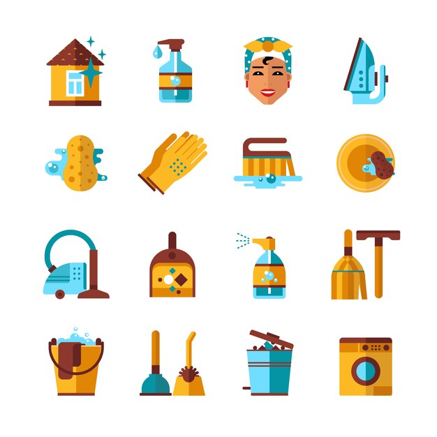 Housekeeping Cleaning Flat Icons Set