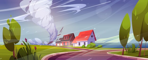 Houses destruction with tornado catastrophe. Natural disaster with hurricane, power twisted storm, whirlwind, buildings damage. Cyclone zone, landscape with broken homes, Cartoon vector illustration