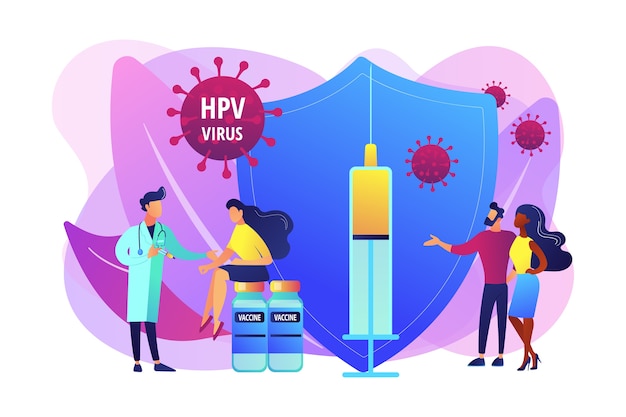 Free Vector hpv infection medication. virus prevention. hpv vaccination, protecting against cervical cancer, human papillomavirus vaccination program concept. bright vibrant violet  isolated illustration