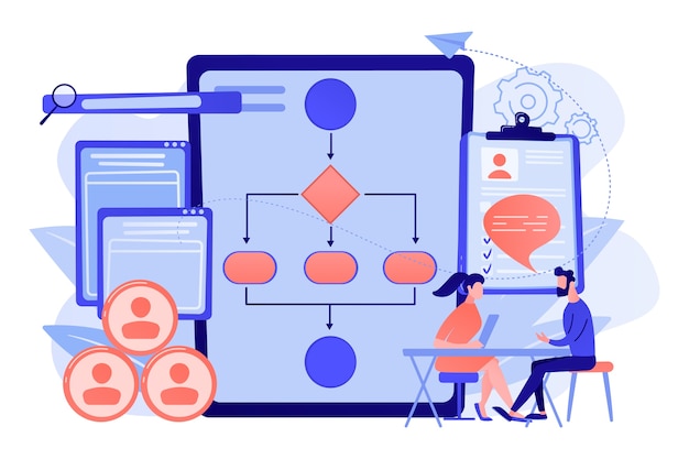 HR manager with employee at interview and business flow chart. Employee assessment software, HR company system, employee check programme concept illustration