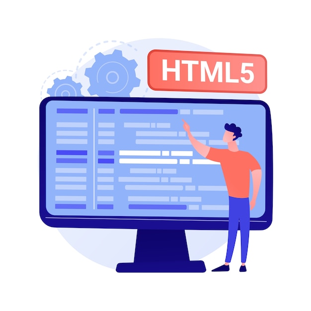 HTML5 programming. Internet website development, web application engineering, script writing. HTML code optimization, programmer fixing bugs concept illustration