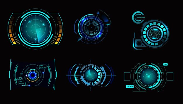 Hud user interface radar set imitating elements of spaceship high tech target screen isolated on black background vector illustration