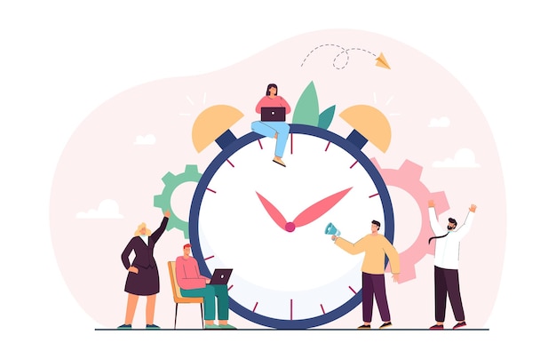 Free Vector huge chronometer and team of tiny business cartoon people. early morning alarm to work or school, countdown,  flat vector illustration. time management, technology concept for banner, website design