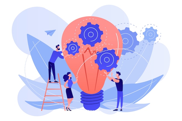 Huge lightbulb and business team holding gears. Teamwork and collaboration, goal achievement, colleagues and workforce concept on white background.