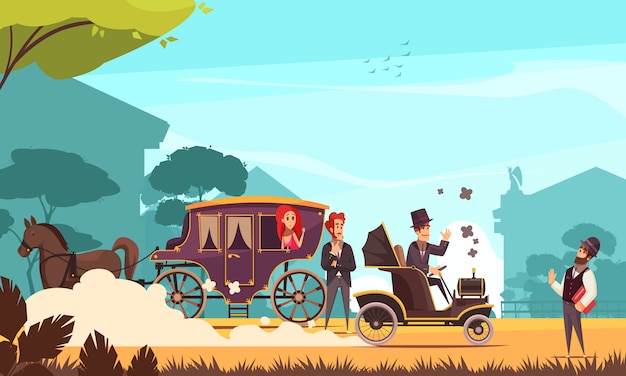 Free vector human characters and old ground transportation horse carriage and ancient car on combustion engine cartoon