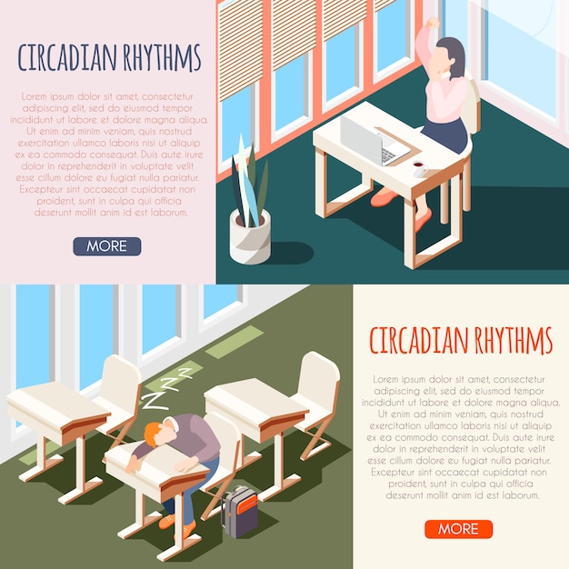 Free Vector human circadian rhythms isometric banner set with sleeping peoples and buttons more  illustration