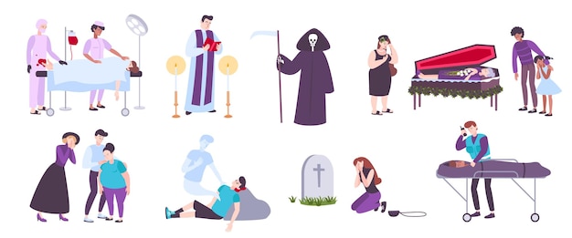 Human death funeral service cemetery and mourning flat icons set isolated on white background vector illustration