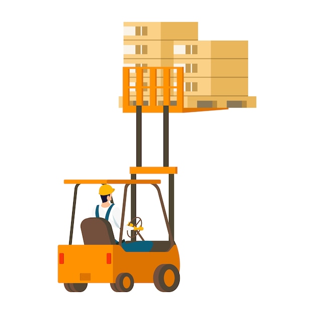 Free Vector human-driven forklift car lifting wooden box up