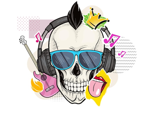 Free Vector human gothic skull with sunglasses headphones and rock music symbols