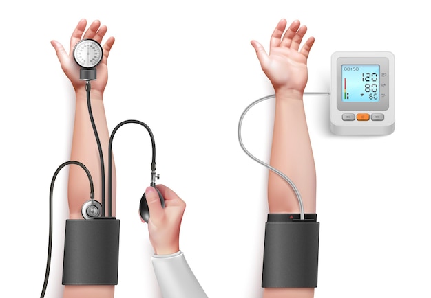 Free Vector human hands checking blood pressure with manual and electronic tonometers realistic isolated vector illustration