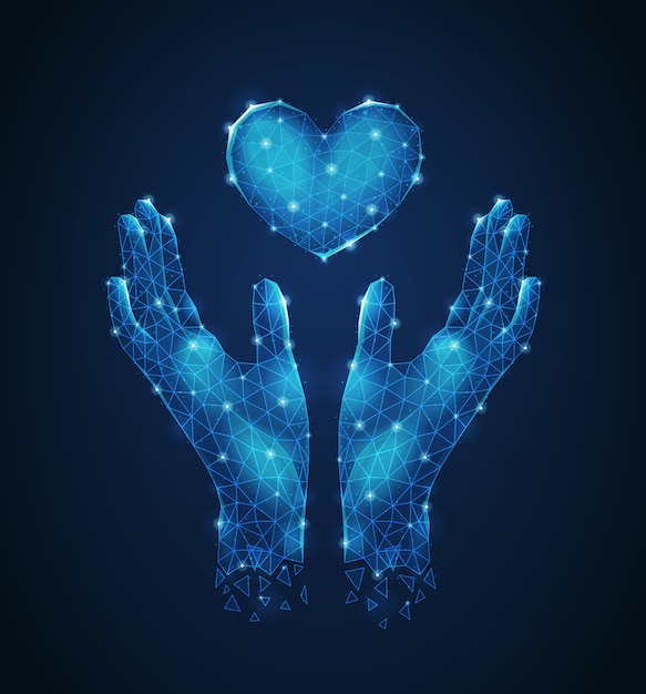 Human hands guarding heart luminescent polygonal wireframe futuristic composition abstract vector illustration